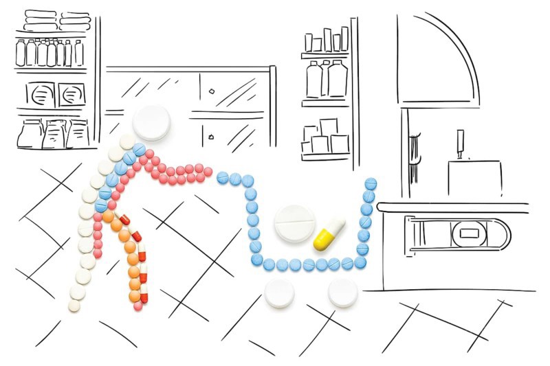 Creative medicine and healthcare concept of pills, drugs in shopping trolley, made on sketchy background