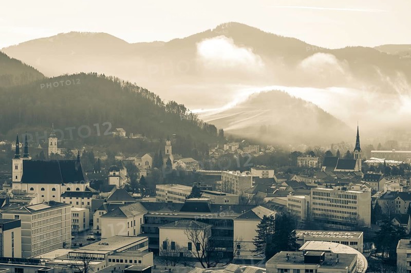 Morning atmosphere and morning fog over the Calvary, churches of Leoben, Leoben, Styria, Austria