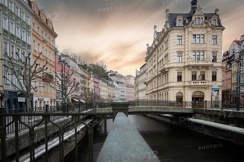 Cityscape in winter. Cityscape with historic buildings in an old town from the Baroque period. Cityscape Karlovy Vary, Czech Republic