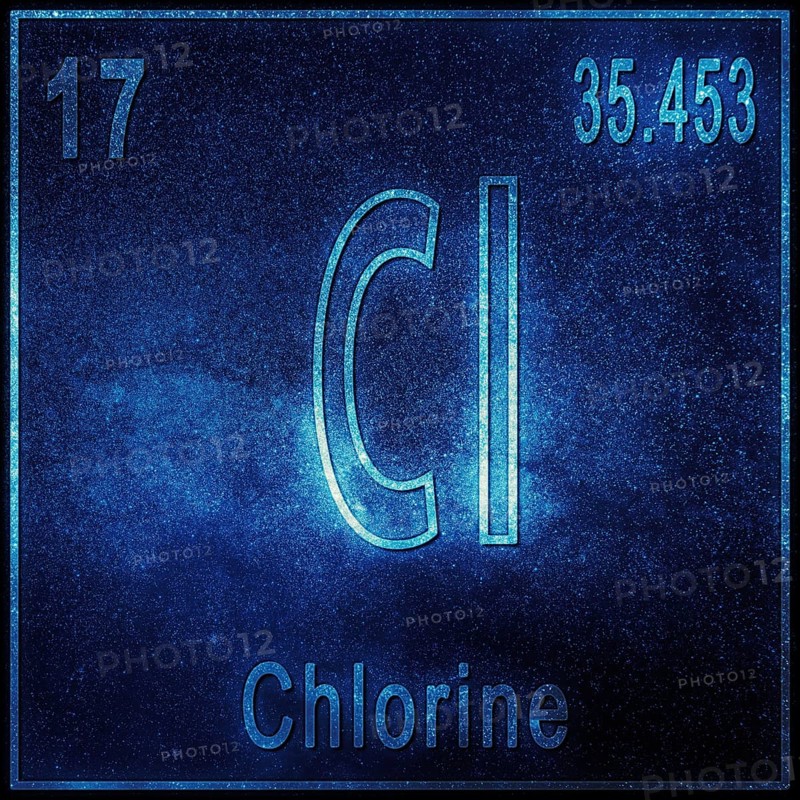 Chlorine chemical element, Sign with atomic number and atomic weight, Periodic Table Element