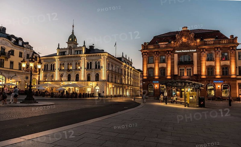 Uppsala, Uppland, Sweden, 07 27 2019 The city hall and the Thoren business School by night