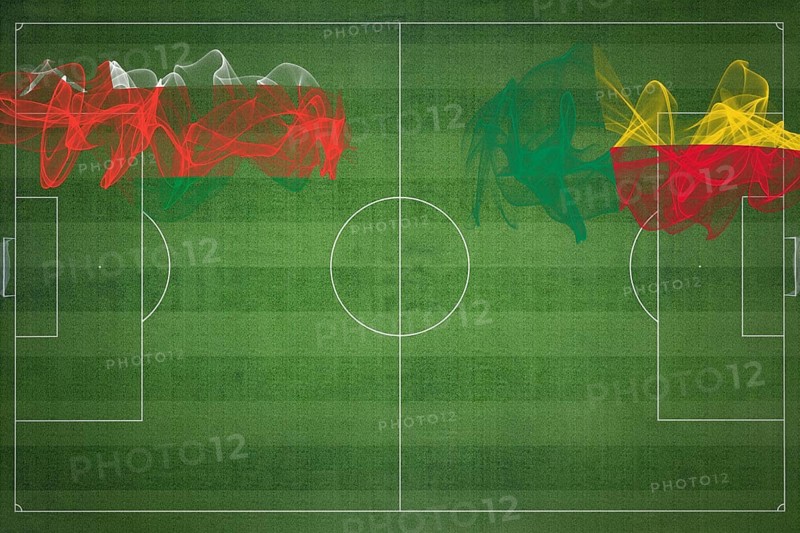 Oman vs Benin Soccer Match, national colors, national flags, soccer field, football game, Competition concept, Copy space
