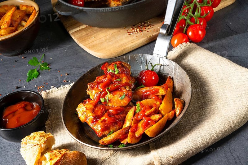 Rustic chicken wings in honey with potato wedges