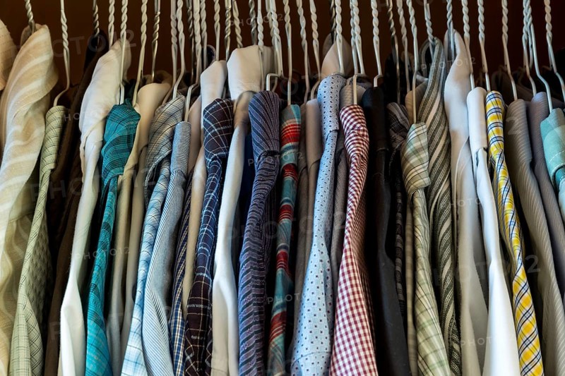 Bedroom wardrobe with men's shirts on hangers, selection and organisation Austria