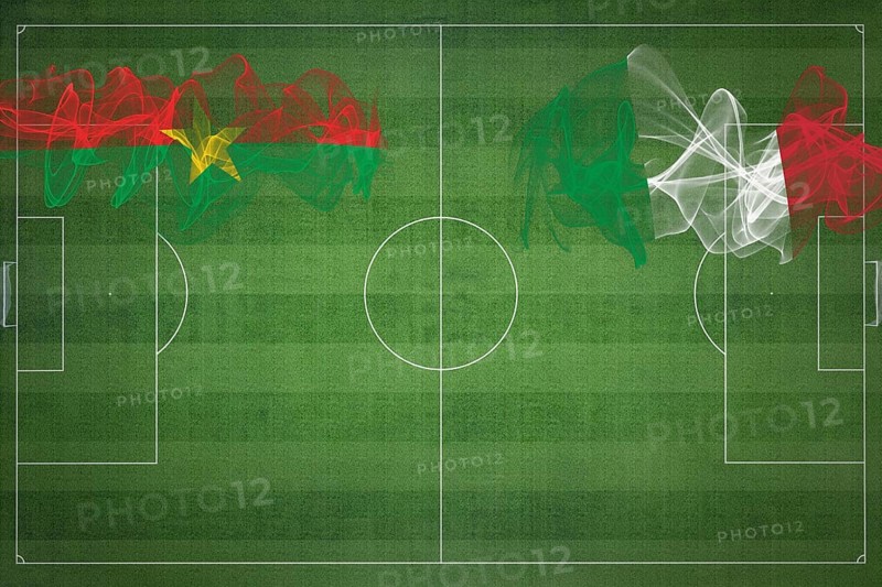 Burkina Faso vs Italy Soccer Match, national colors, national flags, soccer field, football game, Competition concept, Copy space