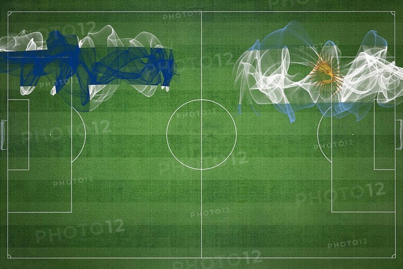 Finland vs Argentina Soccer Match, national colors, national flags, soccer field, football game, Competition concept, Copy space