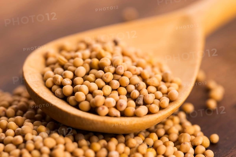 Sharp mustard seeds on a wooden background