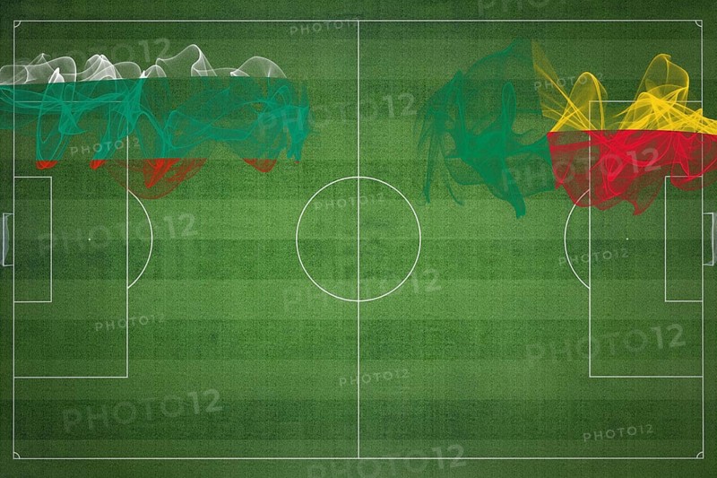 Bulgaria vs Benin Soccer Match, national colors, national flags, soccer field, football game, Competition concept, Copy space