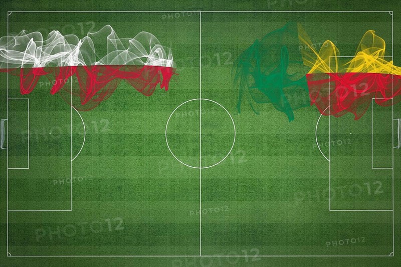 Poland vs Benin Soccer Match, national colors, national flags, soccer field, football game, Competition concept, Copy space