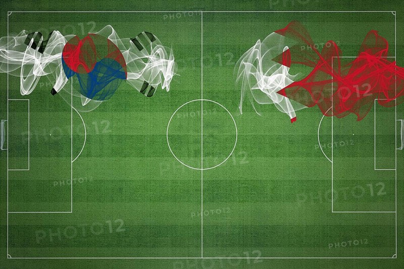 South Korea vs Bahrain Soccer Match, national colors, national flags, soccer field, football game, Competition concept, Copy space