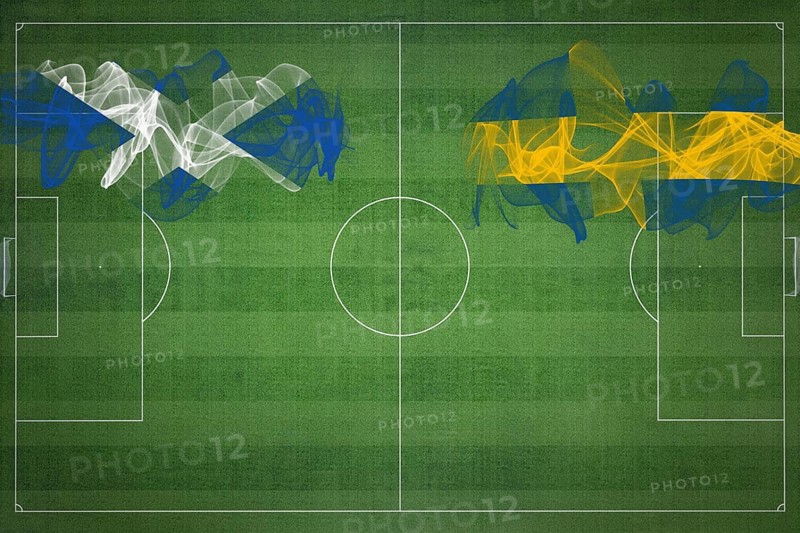 Scotland vs Sweden Soccer Match, national colors, national flags, soccer field, football game, Competition concept, Copy space