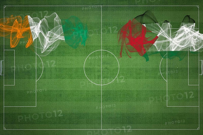 Ivory Coast vs Palestine Soccer Match, national colors, national flags, soccer field, football game, Competition concept, Copy space