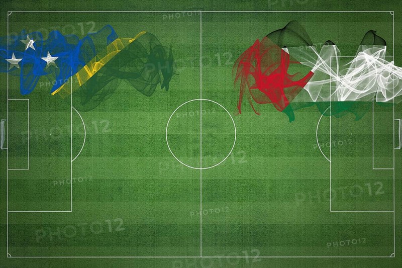 Solomon Islands vs Palestine Soccer Match, national colors, national flags, soccer field, football game, Competition concept, Copy space