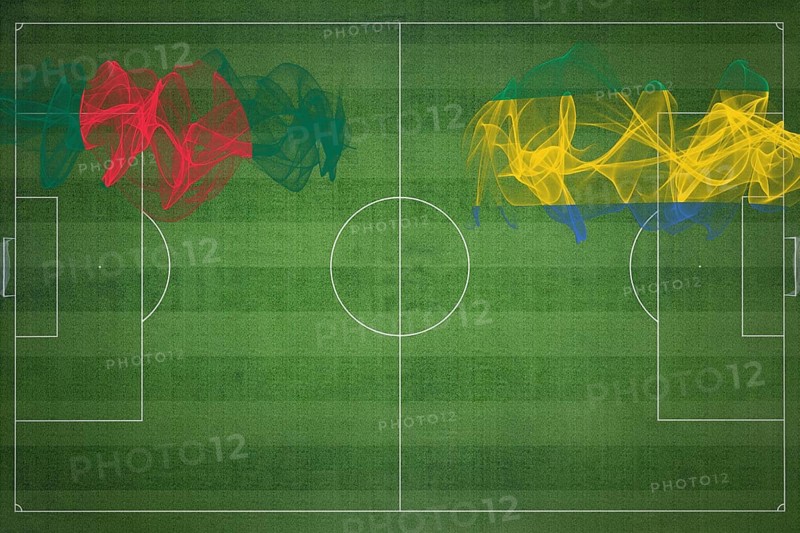Bangladesh vs Gabon Soccer Match, national colors, national flags, soccer field, football game, Competition concept, Copy space
