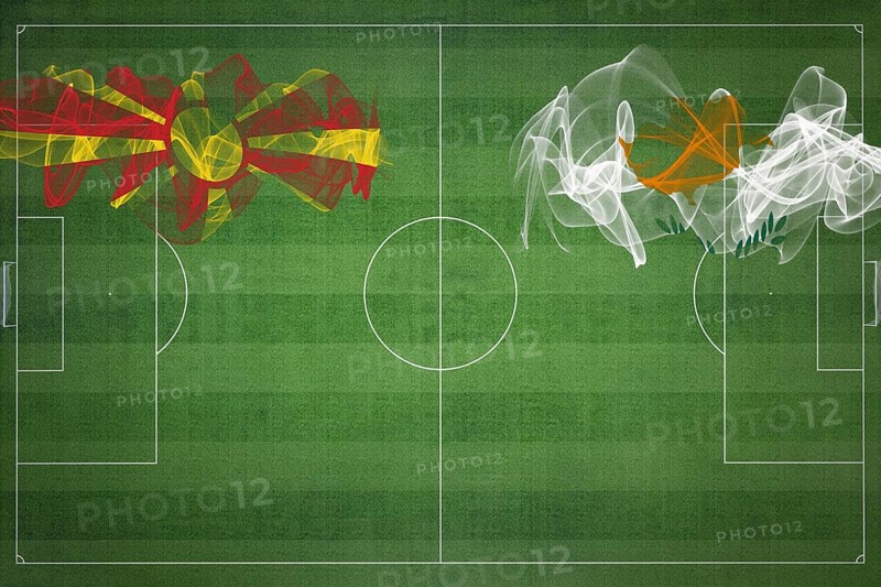 North Macedonia vs Cyprus Soccer Match, national colors, national flags, soccer field, football game, Competition concept, Copy space