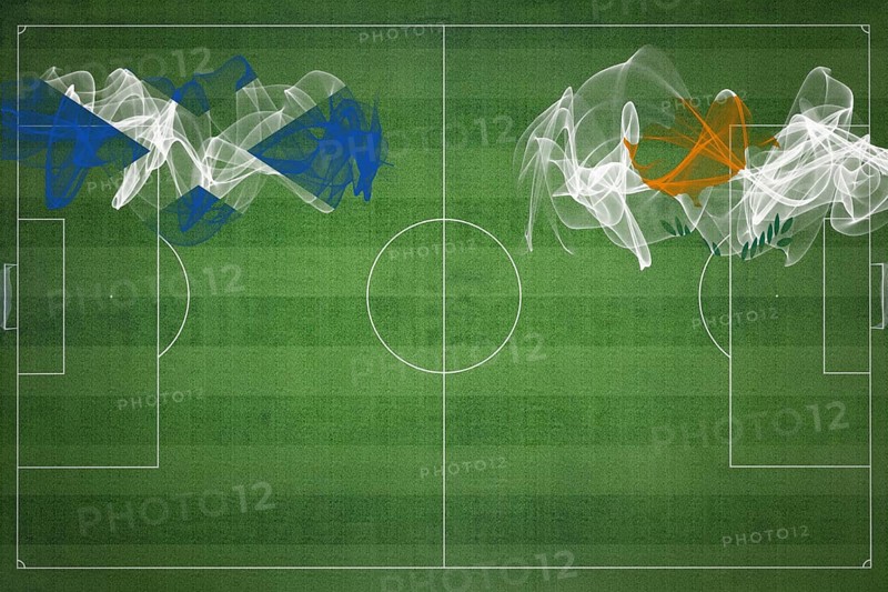 Scotland vs Cyprus Soccer Match, national colors, national flags, soccer field, football game, Competition concept, Copy space