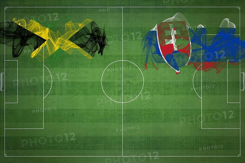 Jamaica vs Slovakia Soccer Match, national colors, national flags, soccer field, football game, Competition concept, Copy space