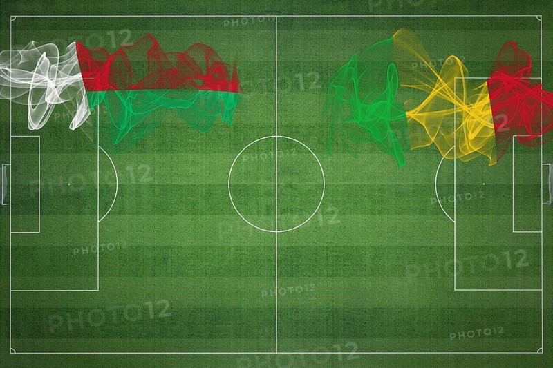 Madagascar vs Mali Soccer Match, national colors, national flags, soccer field, football game, Competition concept, Copy space