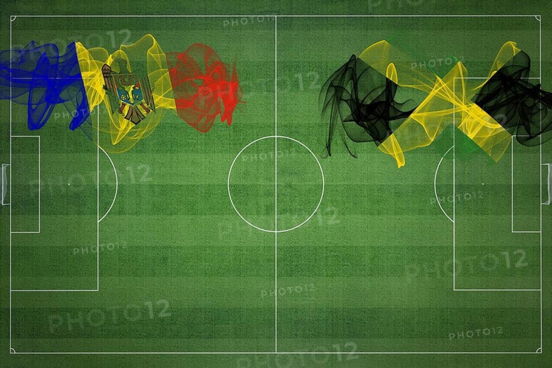 Moldova vs Jamaica Soccer Match, national colors, national flags, soccer field, football game, Competition concept, Copy space