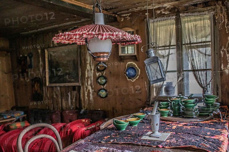 Impressions from the parlour, living room in a lost place, approx. 300 year old farmhouse that has been uninhabited for decades and has since been demolished, Kriens, Lucerne, Switzerland