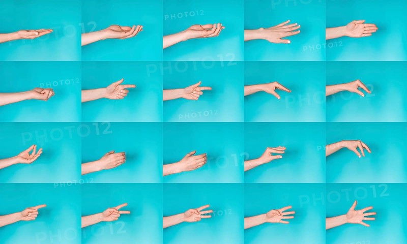 Gesturing female hands on blue background. Set of gesturing female hands isolated on blue. Hello, have-five and other symbols