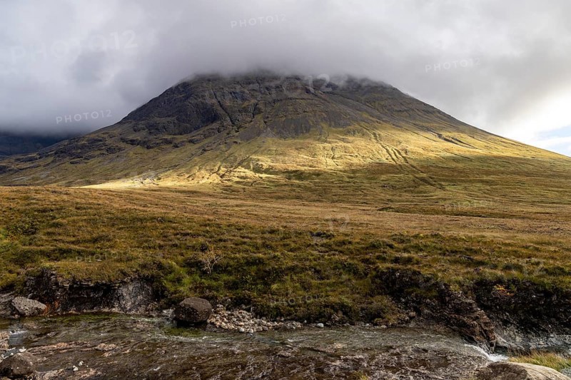 Clouds on the mountainsides, Fairy Pools, Black Cuillin Mountains, Isle of Skye, Hebrides, Scotland, Great Britain