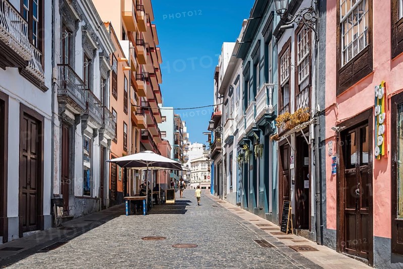 Santa Cruz de La Palma, Spain, August 13, 2021: Shopping street with stores and restaurants in the old town