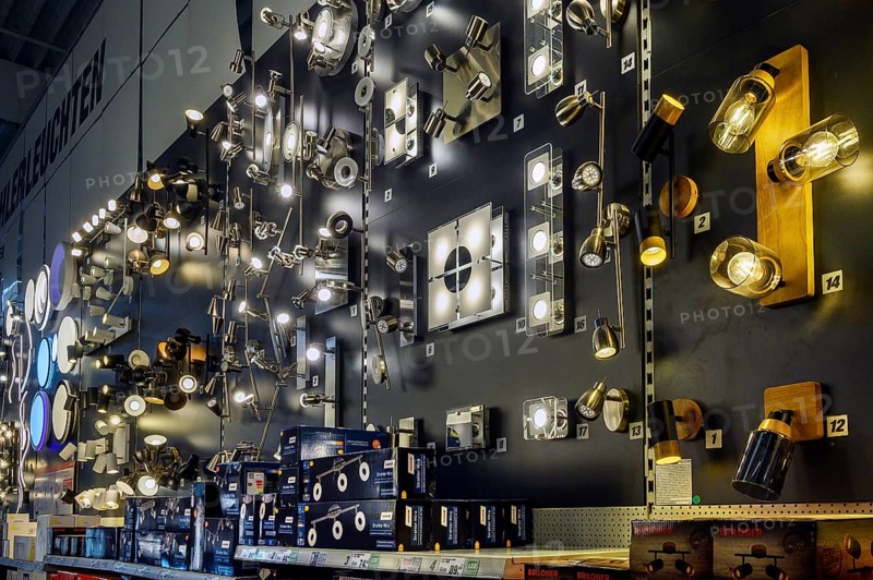 Wall in DIY store with various lights and spotlights, Bavaria, Germany