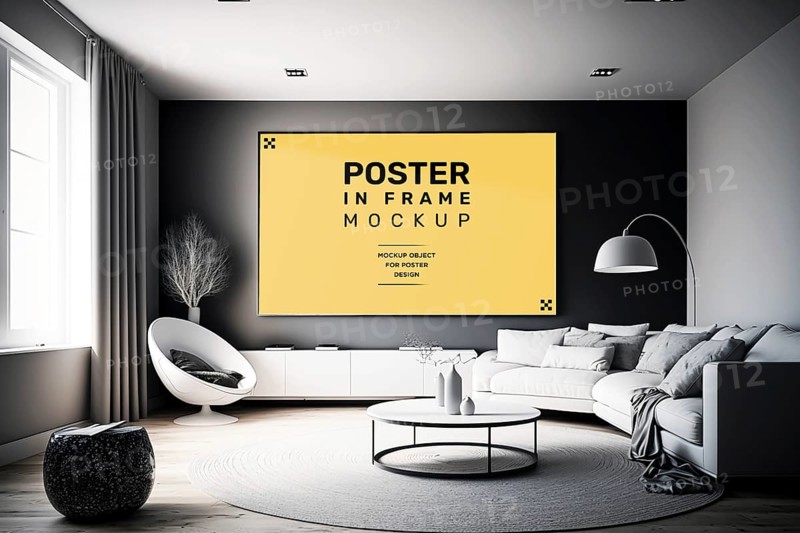 Modern room interior with mock-up photo frame on white walls. Black, gray and white furniture
