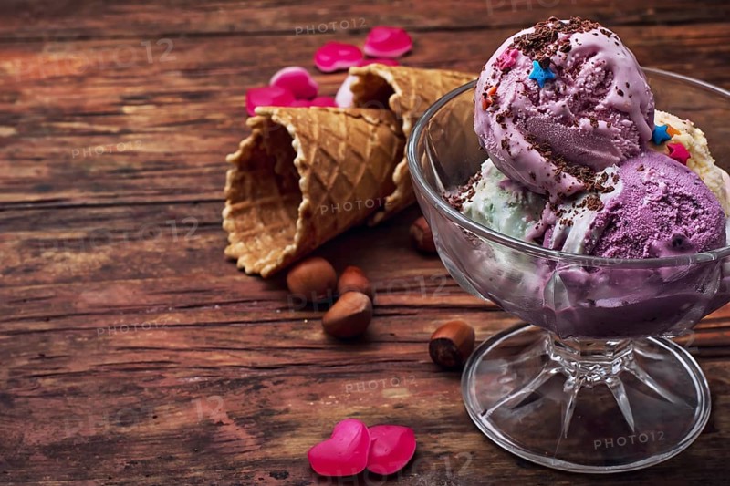 Fruit ice cream in bowl.the image is tinted in vintage style.Shallow DOF