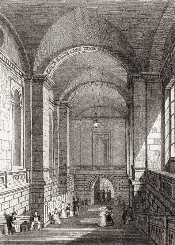Staircase ot the Palais de Justice, Paris, antique steel engraved print, 1831