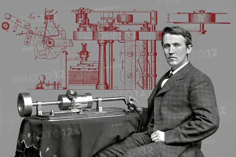 Thomas Alva Edison, 1847, 1931, American inventor, Telegraph Apparatus, Patented 1872, digitally edited according to a photography by Mathew Brady, 1878