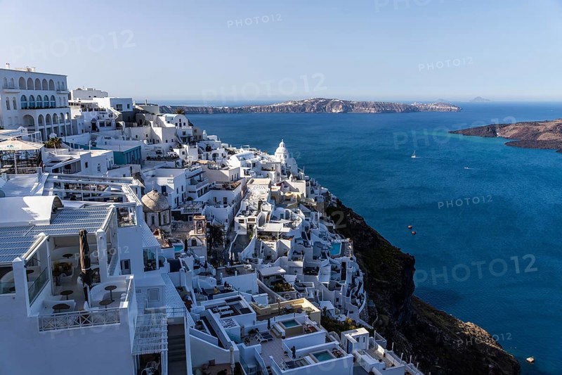 White buildings on the crater rim, view of the caldera, Fira, Santorini Island, Cyclades, Greece