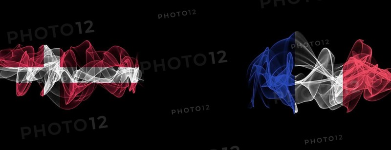 Flags of Denmark and France on Black background, Denmark vs France Smoke Flags