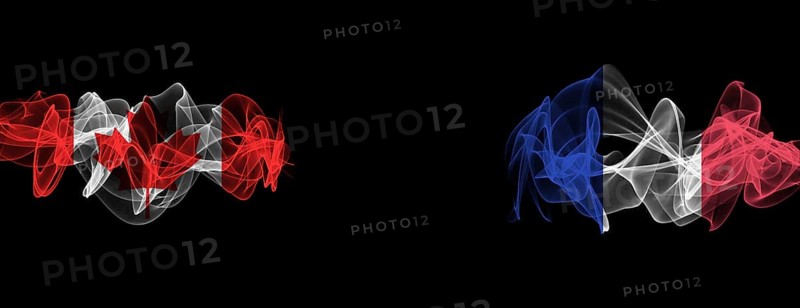 Flags of Canada and France on Black background, Canada vs France Smoke Flags