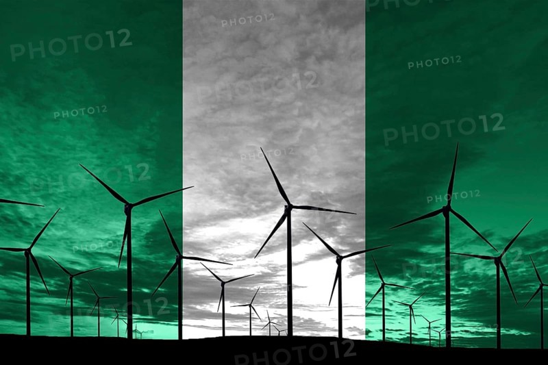 Nigeria flag wind farm at sunset, sustainable development, renewable energy Wind Turbines