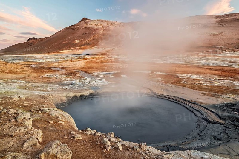 Boiling mudpots in Hverir geothermal area in Myvatn region, North of Iceland