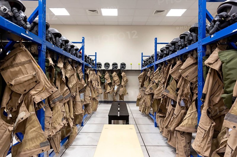Dressing room of a fighter aircraft (jet fighter) pilot with uniforms and helmets with breathing masks
