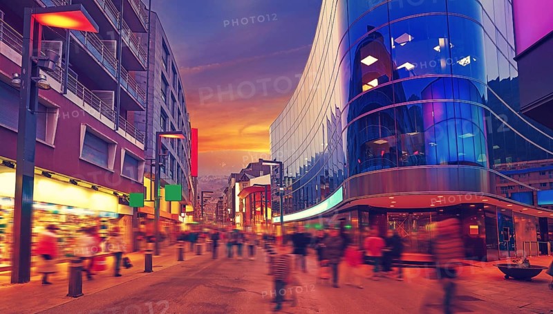 Andorra la Vella commercial area sunset street in Pyrenees