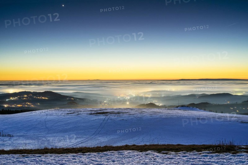 View from the Wasserkuppe at night, fog, Rhön, Hesse, Germany
