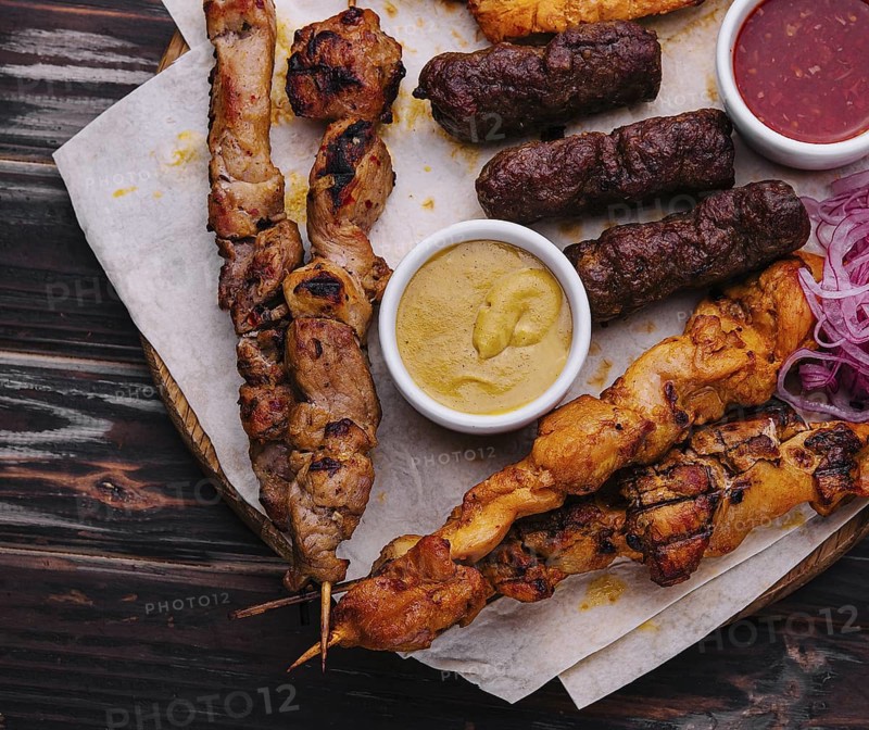 Assorted grilled meats on top view