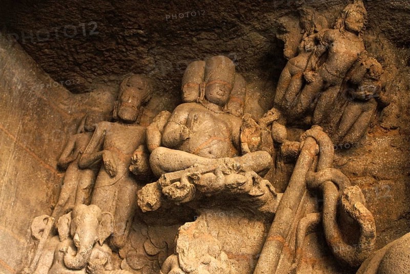 UNESCO-World Heritage Site, Richly stone carved panel, Bramha riding on swans, Lord Ganesh and cupids at Elephanta Caves, Gharapuri now known as elephanta Island, District Raigad, Maharashtra, India