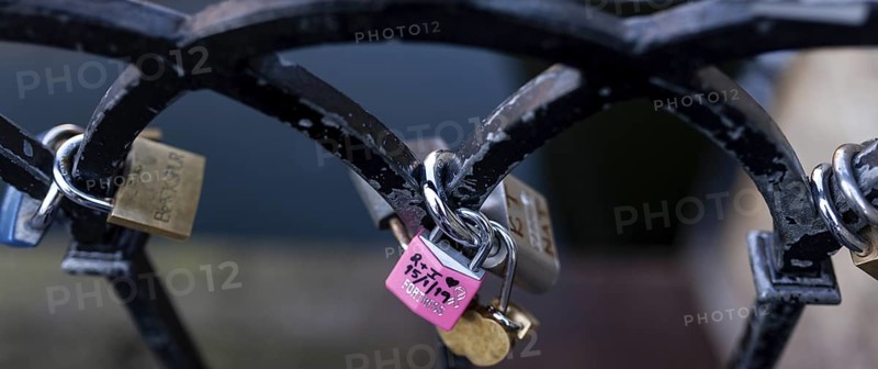 Colorful padlocks on a metal fence, including a pink love-themed lock in the London Borough of Camden, Greater London, United Kingdom