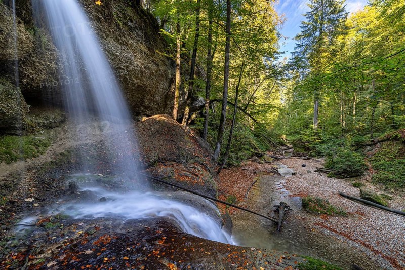 Tranquil waterfall flowing through a moss-covered forest with colourful autumn leaves, Hasenreuter Wasserfall, Scheidegg, Bavaria, Germany