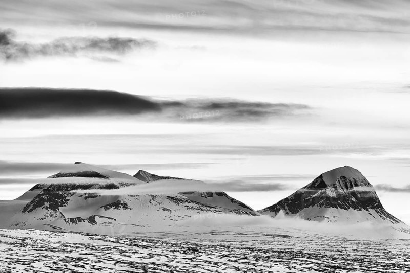 View of peaks in Sarek National Park, Laponia World Heritage Site, Norrbotten, Lapland, Sweden, May 2017