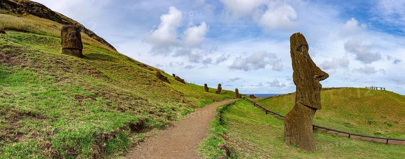 Moai on Ranu Raraku Volcan. Ester Island Landscape
