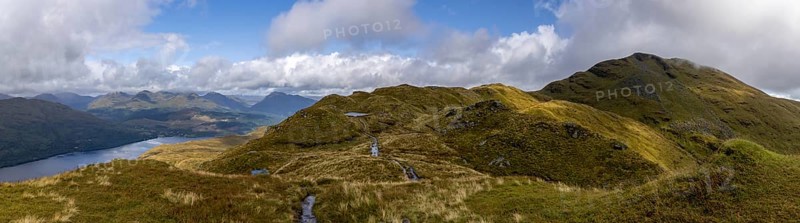 Panorama on the summit path to Ben Lomond with mountain lake, Loch Lomond and the Trossachs National Park, Scotland, Great Britain