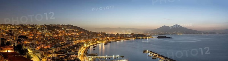 Panorama of Naples with the Gulf and the famous Mount Vesuvius in front of sunrise