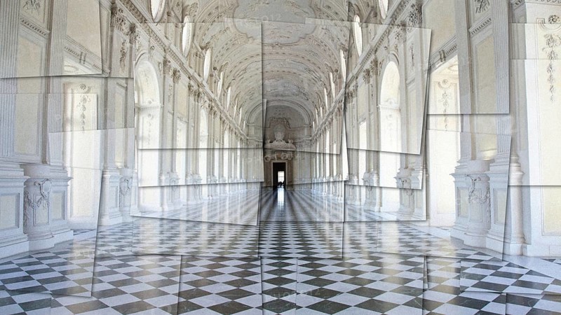 Creative picture of Reggia di Venaria Reale gallery, Italy. Luxury marbles in baroque Royal Palace