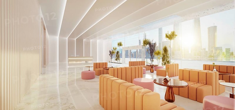 Interior of modern entrance hall in modern office building with reception counter and waiting area lobby. 3d rendering mock up